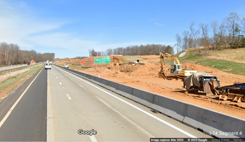 Image of construction equipment and grading at start of I-74/Winston-Salem Northern Beltway 
        construction zone along I-40 East, Google Maps Street View, March 2023