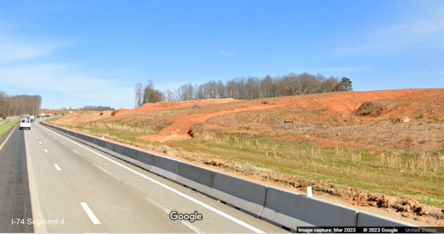 Image of construction equipment and grading in I-74/Winston-Salem Northern Beltway 
        construction zone along I-40 East, Google Maps Street View, March 2023