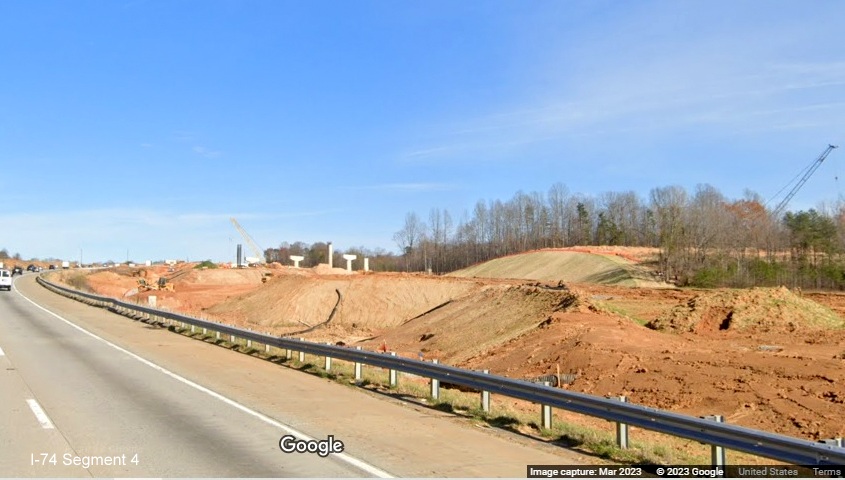 Image of flyover ramp supports as part of I-74/Winston-Salem Northern Beltway 
        construction project along I-40 East, Google Maps Street View, March 2023
