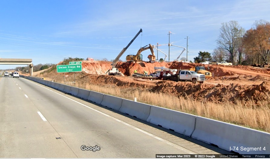 Image of excavating and grading for I-74/Winston-Salem Northern Beltway 
        interhange along I-40 East, Google Maps Street View, March 2023