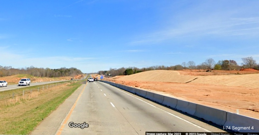 Image of grading along I-40 East for future lanes as part of I-74/Winston-Salem Northern Beltway 
        construction project, Google Maps Street View, March 2023