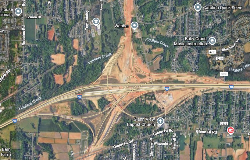 Map of I-40 flyover ramps under construction as part of the I-74 Winston-Salem
	  Northern Beltway interchange project, Google Maps, January 2026