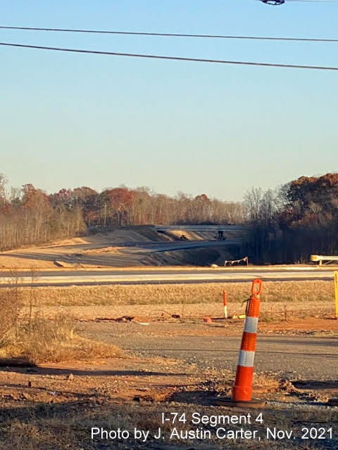 Image of future roadbed of I-74/Winston Salem Northern Beltway looking southeast from University Avenue 
                                          toward the Stanleyville Drive bridge, by J. Austin Carter, November 2021