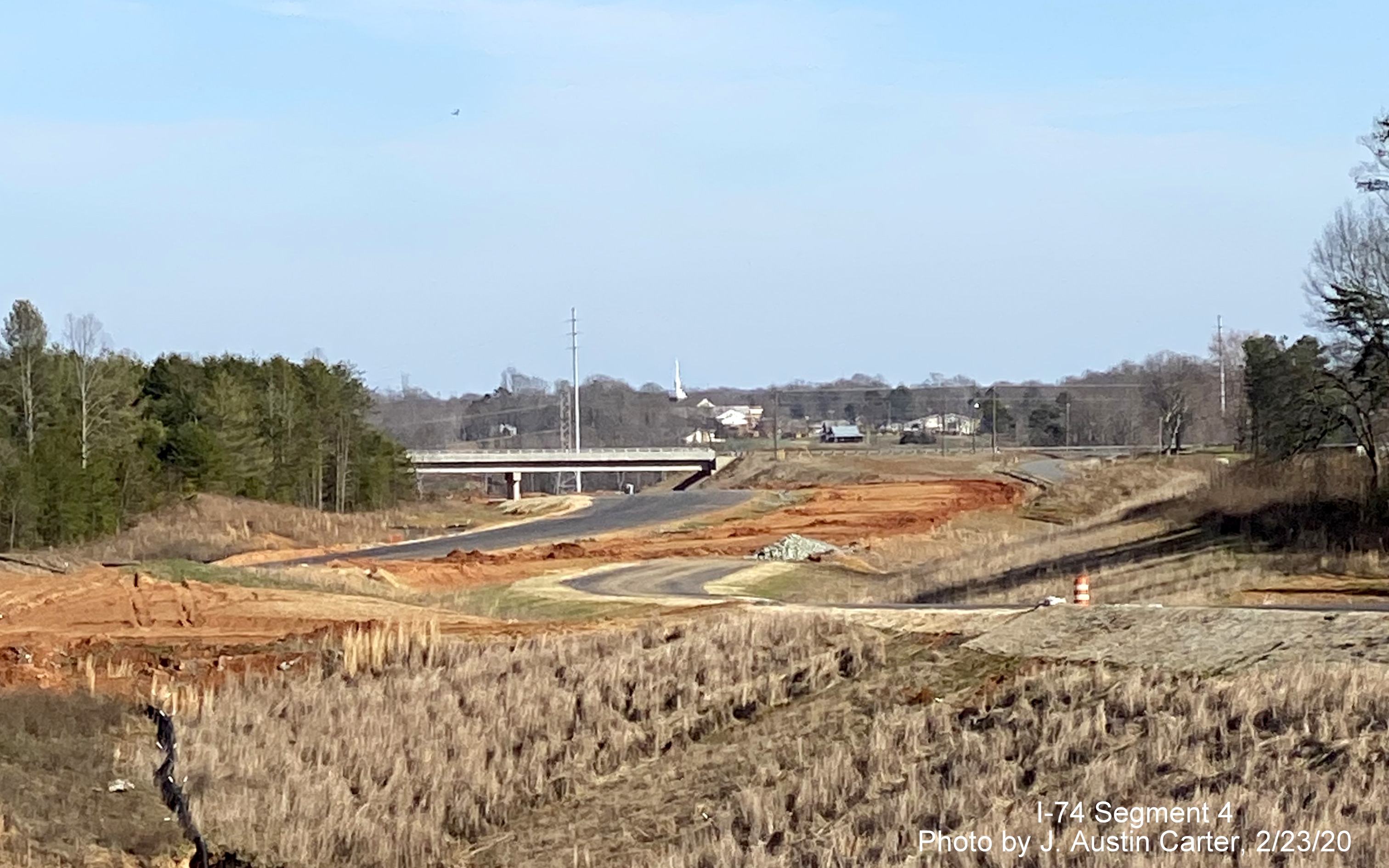 Image of construction of future I-74/Winston-Salem Beltway looking southeast from
        US 311 toward US 158, by J. Austin Carter in Feb. 2020