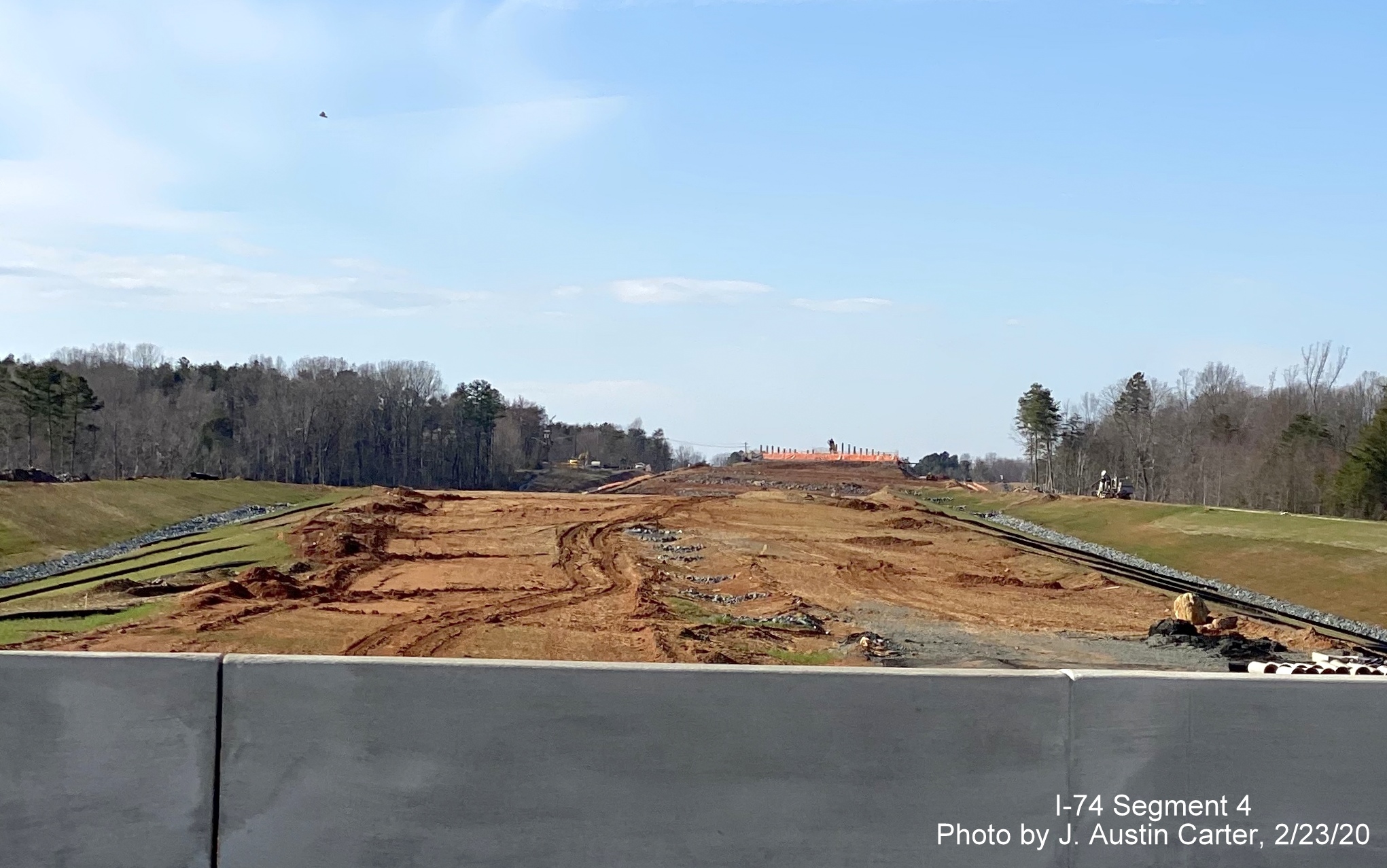 Image of road construction of future I-74/Winston-Salem Beltway looking west toward
        Old Walkertown Road, by J. Austin Carter in Feb. 2020