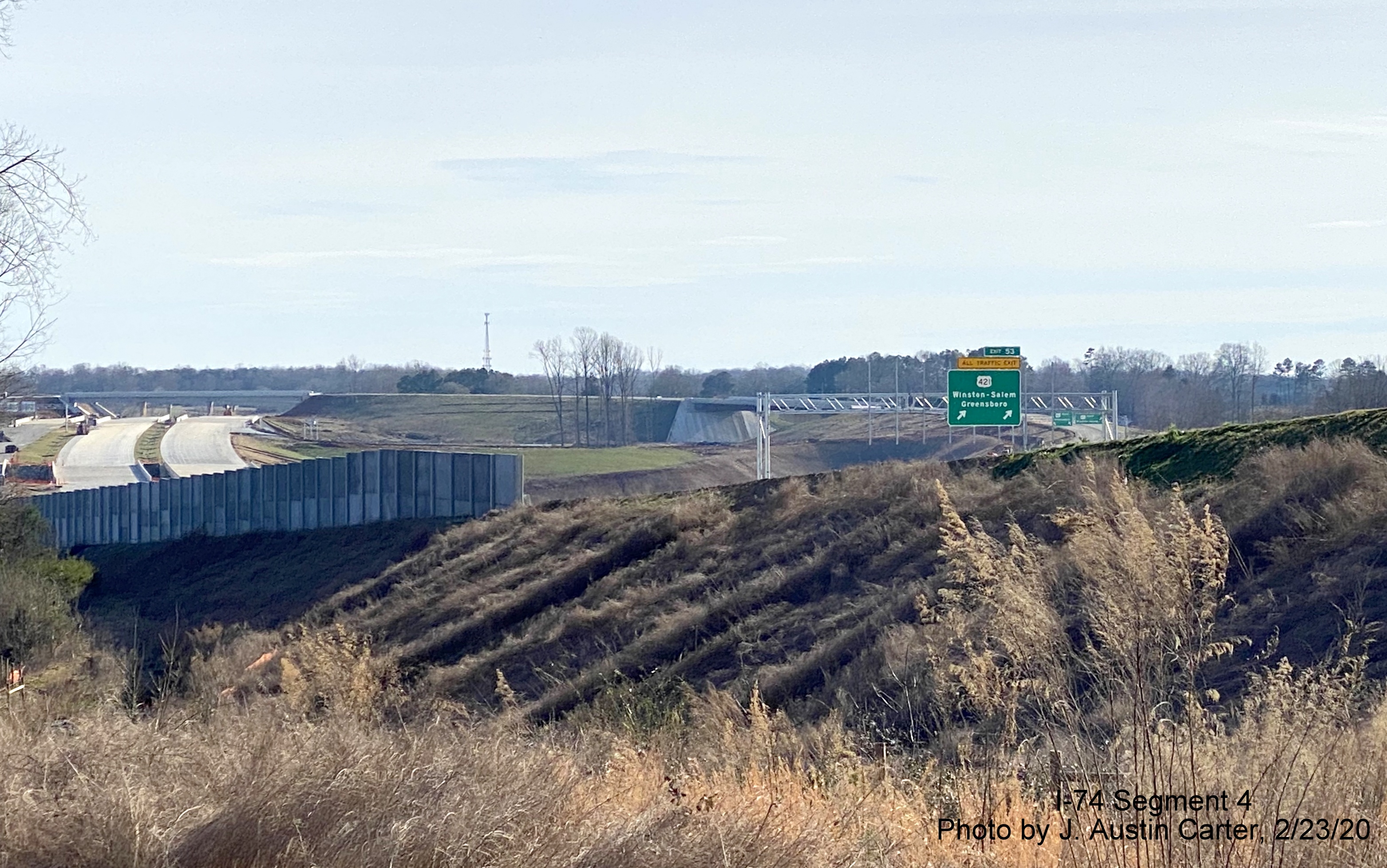 Image of new ramp signage installed for US 421 in vicinity of West Mountain Street 
        along Future I-74 East/Winston-Salem Beltway, by J. Austin Carter in Feb. 2020