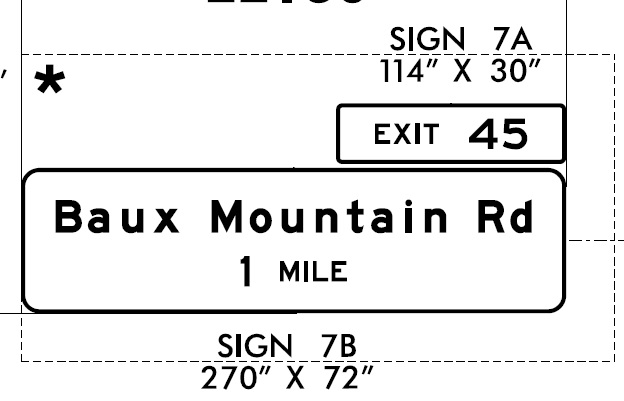 NCDOT plan for 1-mile advance sign for Baux Mountain Road exit on Future I-74 in Winston Salem