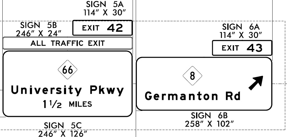 NCDOT plan for overhead signage at ramp to NC 8/Germanton Road and 1 1/2 mile advance 
            overhead sign for NC 66/University Parkway exit on Future I-74/Winston Salem-Northern Beltway West