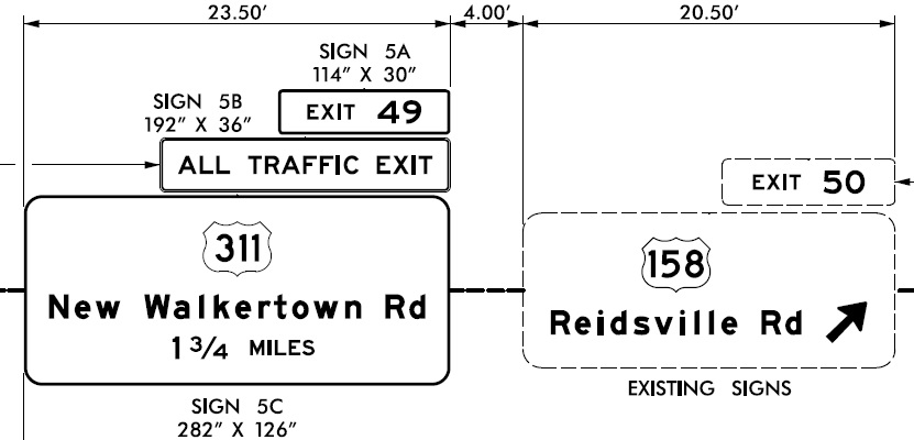 Sign plan for US 311 and US 158 exit signs on Future I-74 Winston-Salem Northern Beltway, by NCDOT