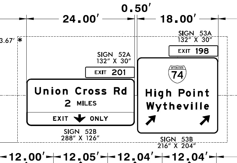NCDOT sign plan image for overheads at ramp to future I-74/Winston-Salem Northern Beltway 
                                                       exit on I-40 East, October 2021