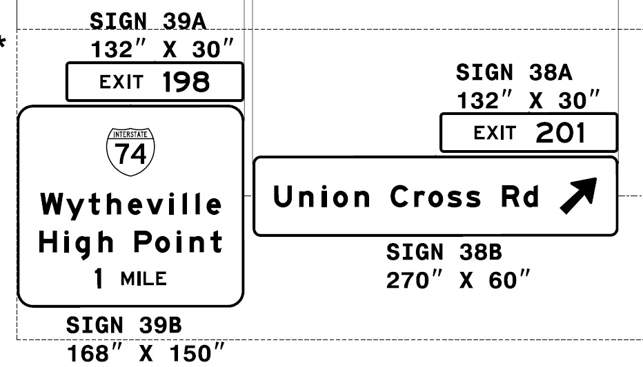 NCDOT sign plan image of overhead signage at ramp for Union Cross Road exit on I-40 West 
                                                      that includes 1 mile advance for future I-74 Winston Salem Northern Beltway, October 2021