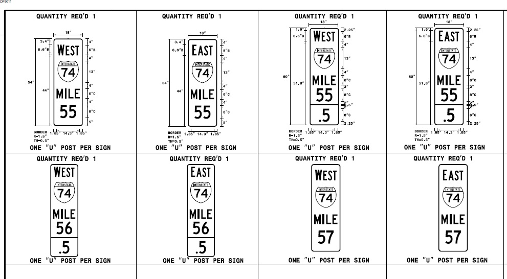 NCDOT sign plans of Mile 55 to 57 milemarkers along future I-74/Winston Salem Northern 
                                                  Beltway from US 421 to I-40, October 2021