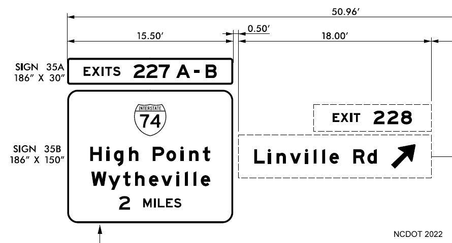 Image of plans for future 2 mile advance for I-74 Winston-Salem Northern Beltway 
         on I-40 West in Winston-Salem, NCDOT August 2022