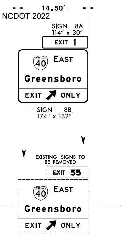 Image of plan for new exit number for I-40 East on future NC 192 (current I-74) at I-40 
        in Forsyth County, NCDOT August 2022