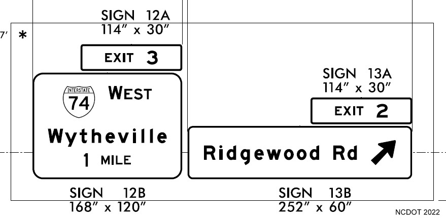 Image of plan for new exit numbers for on future NC 192 (current I-74) for Ridegwood Road
        and I-74 exits in Forsyth County, NCDOT August 2022