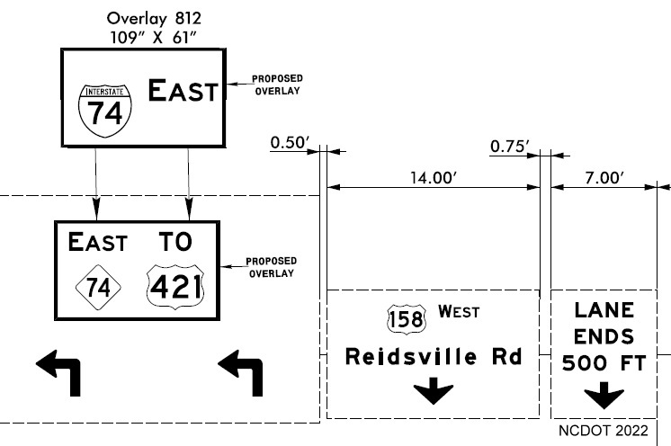 Image of plan for overlay sign at ramp from US 158 West 
                  to Future I-74 East, Winston-Salem Northern Beltway