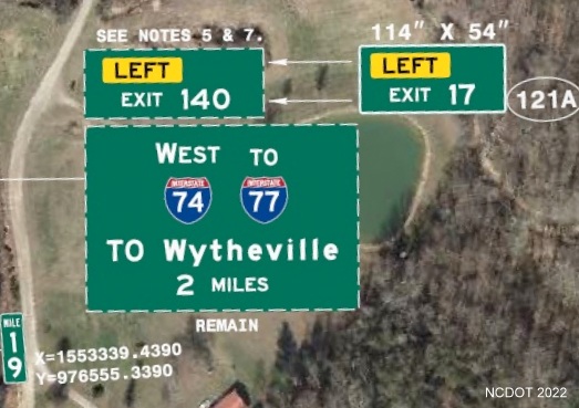 Image of plan for new exit number tab with I-74 milepost number to be placed on 2 
        miles advance sign for I-74 exit on US 52 in Surry County, NCDOT August 2022