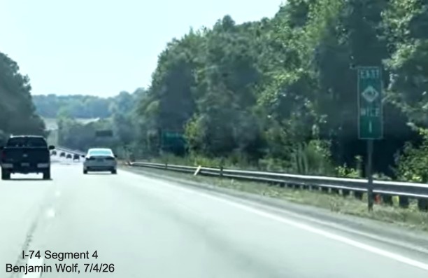 Image of new East NC 192 mile marker on current I-74 East prior to the
	 Ridgewood Road exit, screen grab from Benjamin Wolf video, July 4, 2026