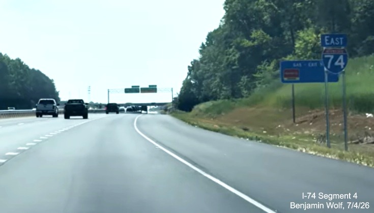 Image of new East I-74 reassurance marker prior to the Union Cross Road exit,
	 screen grab from Benjamin Wolf video, July 4, 2026