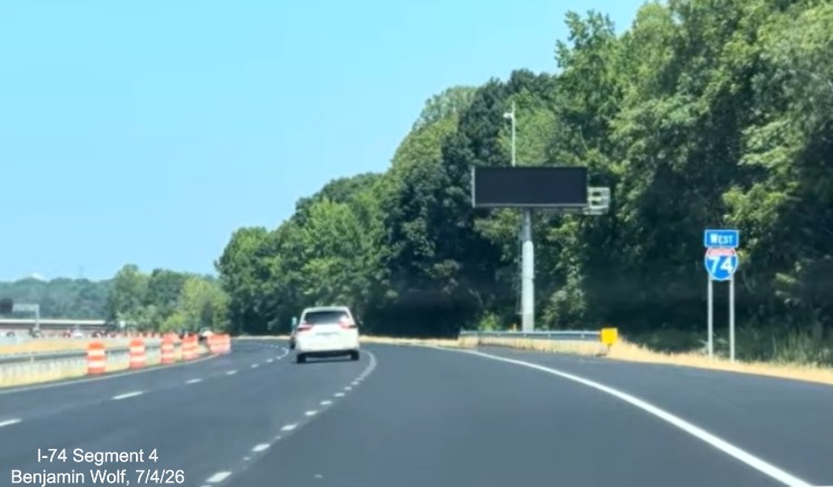 Image of new West I-74 reassurance marker after to the Union Cross Road exit,
	 screen grab from Benjamin Wolf video, July 4, 2026
