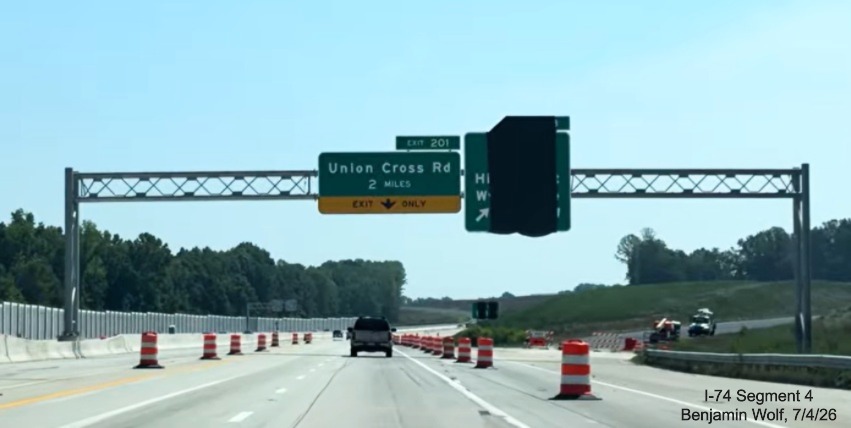 Image of new overhead signage at the future on-ramp to the Winston-Salem Northern
	 Beltway from I-40 East, screen grab from Benjamin Wolf video, July 4, 2026