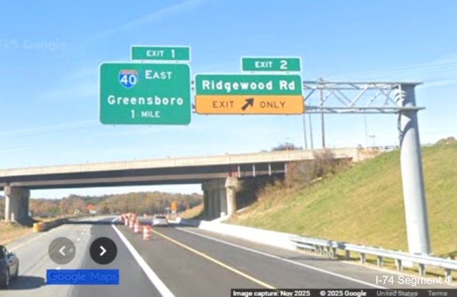 Image of new overhead signage at the Ridgewood Road exit with new
	  NC 192 milepost exit numbers, Google Maps Street View, November 2025