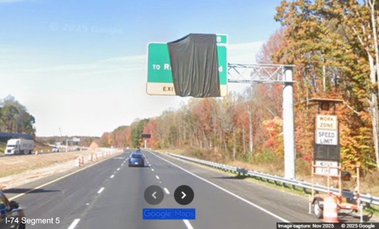 Image of overhead signage for the future NC 192 exit partially covered, Google 
	  Maps Street View, November 2025