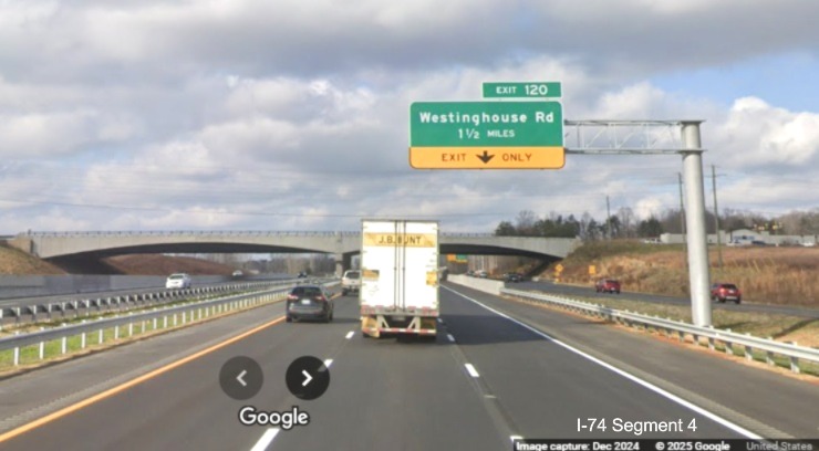 Image of recently placed 1 1/2 Miles advance sign for Westinghouse Road exit on NC 74 West
	  /Winston-Salem Northern Beltway (Future I-74), December 2024