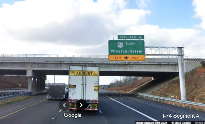 Image of signage on recently opened exit ramps to US 52 on NC 74 West/Winston-Salem 
	  Winston-Salem Northern Beltway (Future I-74), Google Maps Street View, December 2024