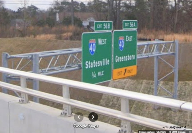 Image of new signage on future I-74 West Beltway for I-40 near the Kernersville 
	  Road exit as seen from completed bridge, screen grab from Google Maps Street View, February 2026