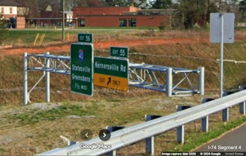 Image of new signage on future I-74 East Beltway approaching the Kernersville 
	  Road exit as seen from Kernersville Road bridge, screen grab from Google Maps Street View, March 2026
