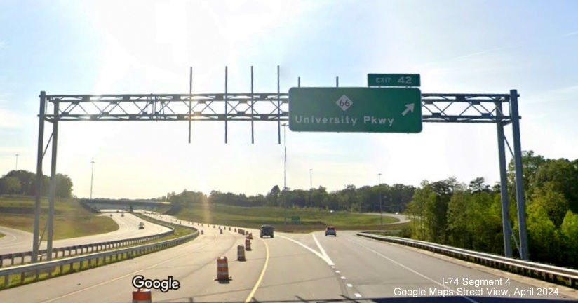 Image of overhead gantry at NC 66 exit with US 52 exit sign still not added to reflect 
        extension of Beltway, Google Maps Street View, April 2024