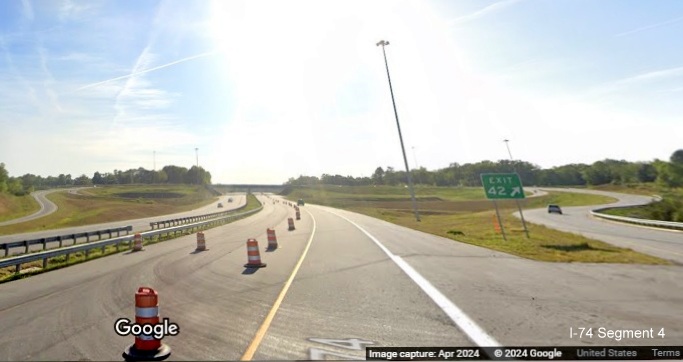 Image of West NC 74 (Future I-74) lanes restricted to 1 lane after NC 66 exit, Google Maps 
        Street View, April 2024