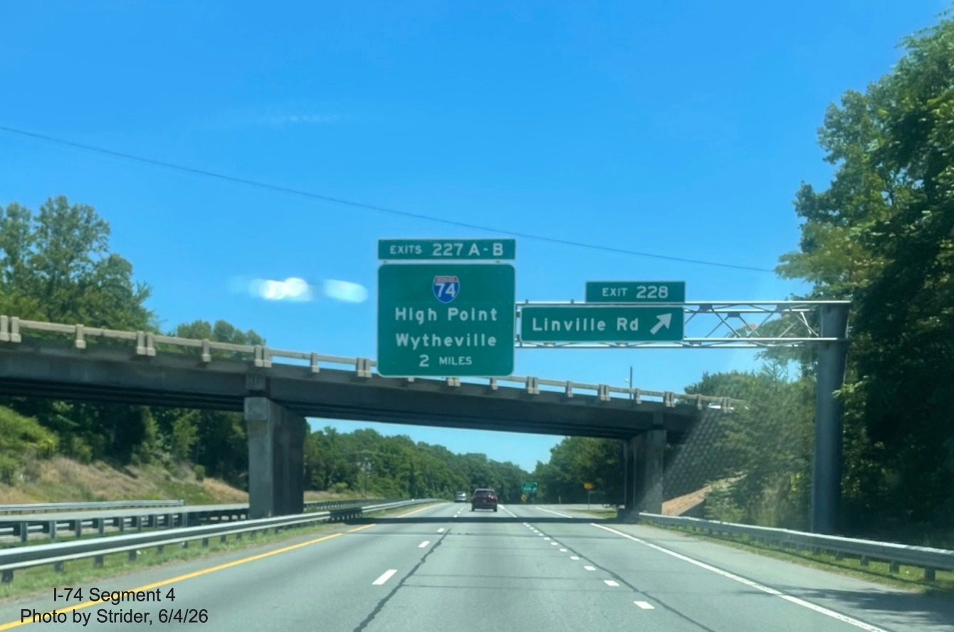 Image of new I-74 2 mile advance sign approaching the Beltway interchange on US 421 
	  East, photo by Strider, June 2026