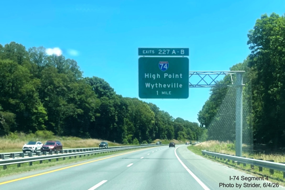Image of new I-74 1 mile advance sign approaching the Beltway interchange on US 421 
	  East, photo by Strider, June 2026