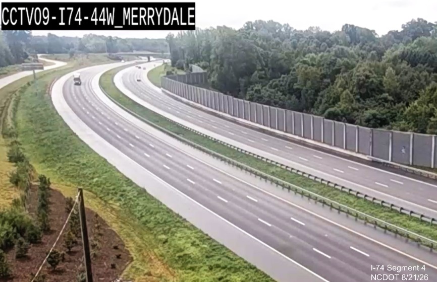 NCDOT traffic camera image of new East I-74 reassurance marker on the
	 Winston-Salem Northern Beltway after the NC 8/Germanton Road exit, August 21, 2026