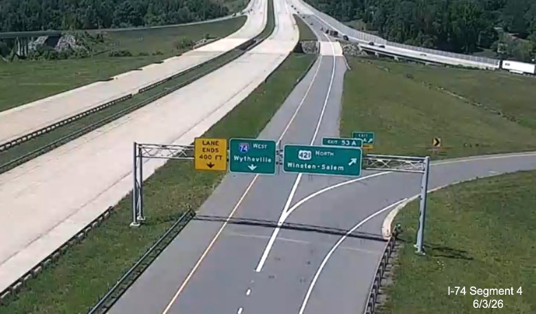 Image from NCDOT Real Time Traffic site showing first I-74 shield to appear
	 on the Winston-Salem Northern Beltway at US 421 in June 2026
