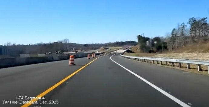 Image of NC 74 (Future I-74) West traffic being diverted to future US 52 South ramp after 
        NC 66 exit, from video by Tar Heel Dashcam, December 2023
