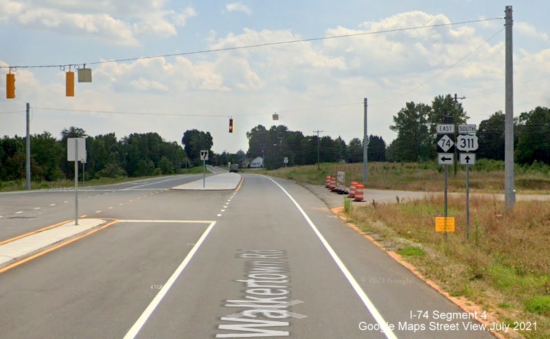 South US 311 and East NC 74 trailblazers approaching ramp for NC 74/Winston-Salem Northern Beltway (Future I-74), 
        Google Maps Street View, July 2021