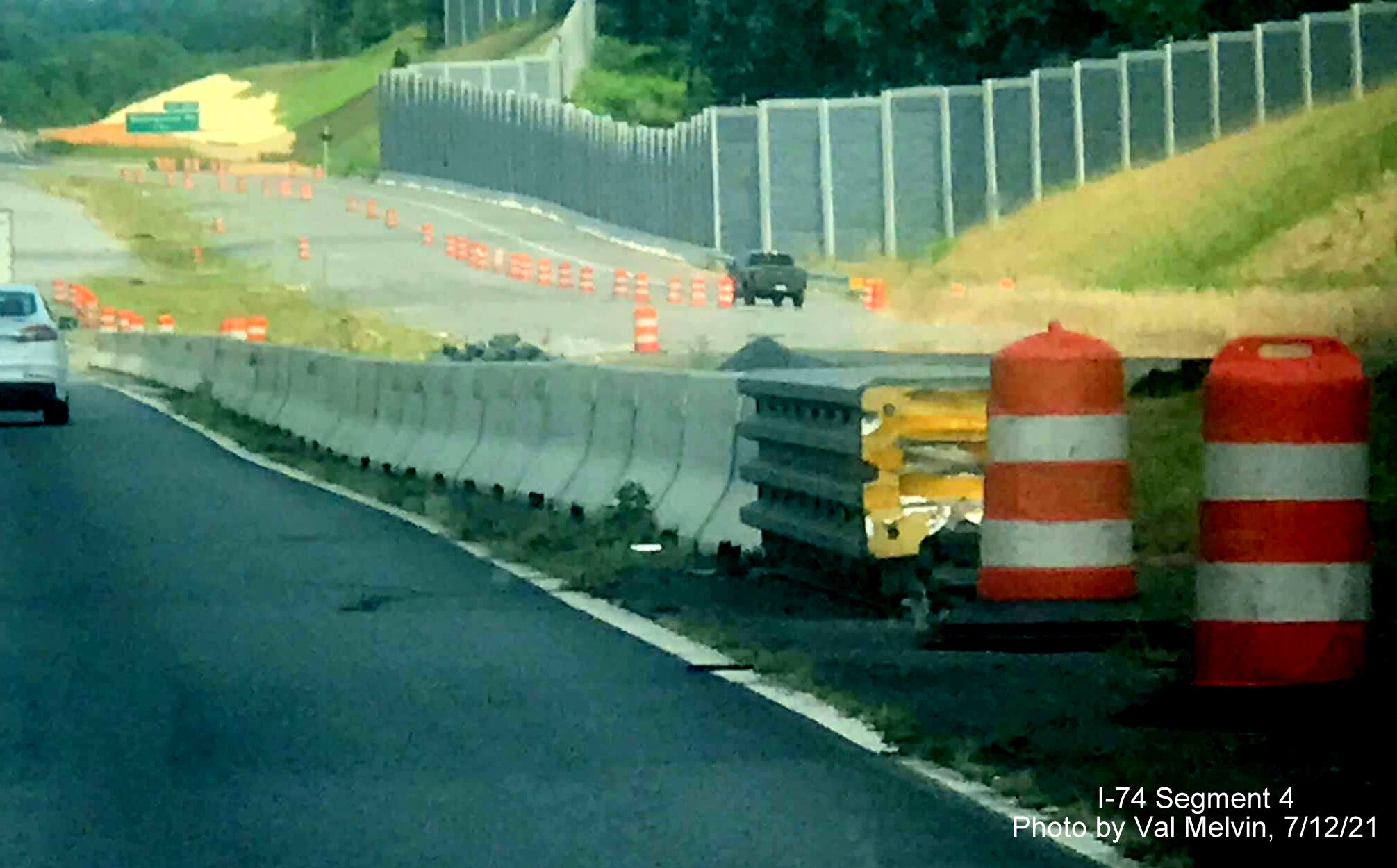 Image of completed noise wall along future I-74 West ramp from Winston Salem Northern Beltway 
        to US 52 North in Rural Hall, by Val Melvin. July 2021