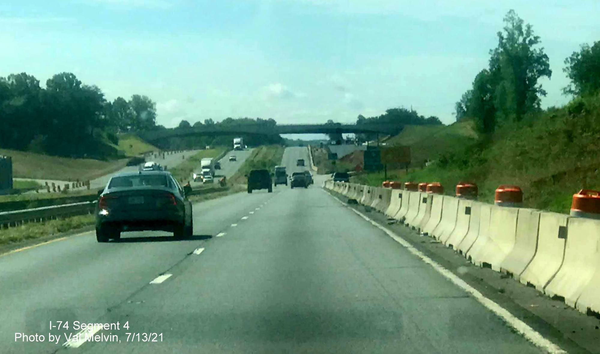 Image of start of Winston Salem Northern Beltway 
        interchange construction zone in Rural Hall on US 52 South (Future I-74 East), by Val Melvin. July 2021