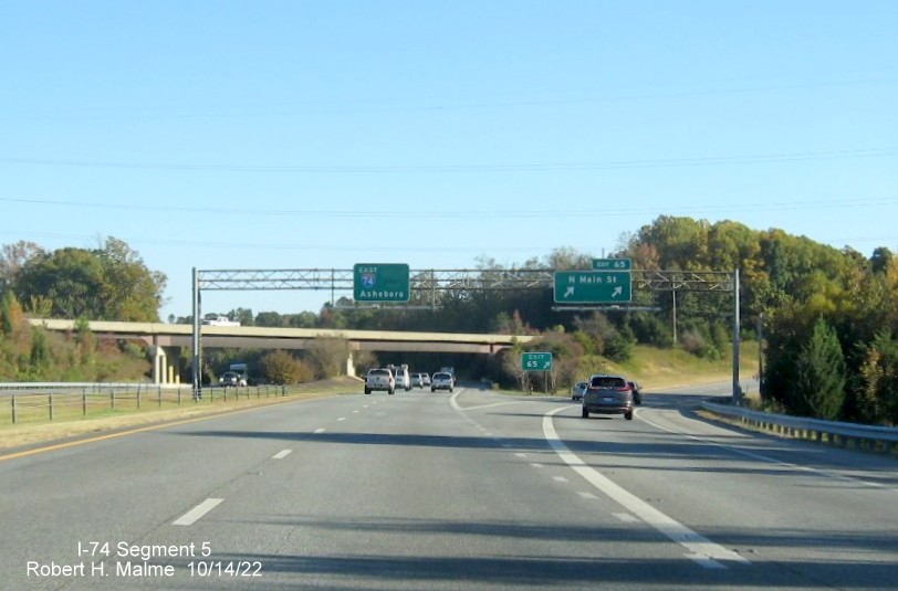 Image of overhead signage at ramp to North Main Street exit in High Point, another blank space for 
        former South US 311 information, October 2022