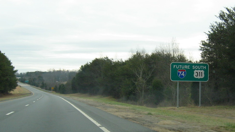 Photo of first Future I-74/South US 311 sign after Ridgewood Rd exit, Dec. 2008