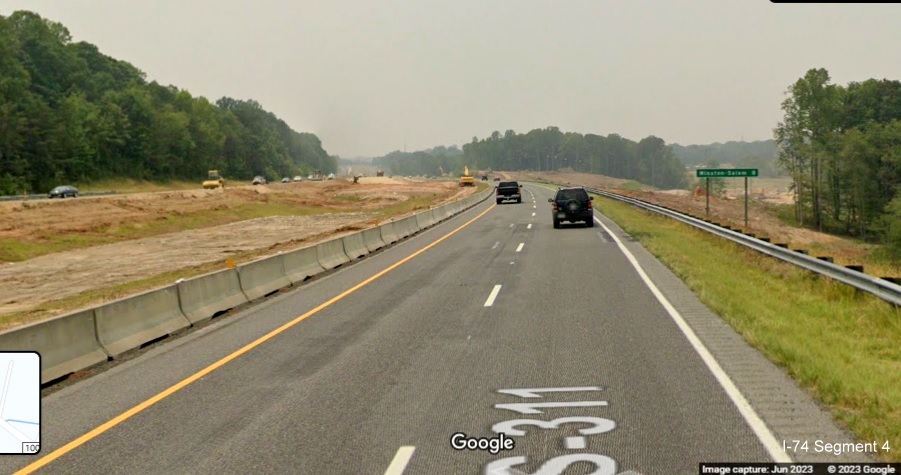 Image of I-74 West entering Beltway construction zone after Union Cross Road, 
        Google Maps Street View, June 2023