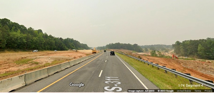Image of I-74 West approaching future Beltway on-ramp in construction zone after Union Cross Road, 
        Google Maps Street View, June 2023