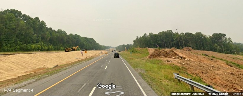 Image of clearing along both sides I-74 West in Beltway construction zone after Union Cross Road, 
        Google Maps Street View, June 2023