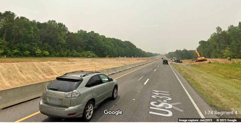 Image of median clearing between I-74 lanes in Winston-Salem Northern Beltway construction zone after Union Cross Road, 
        Google Maps Street View, June 2023