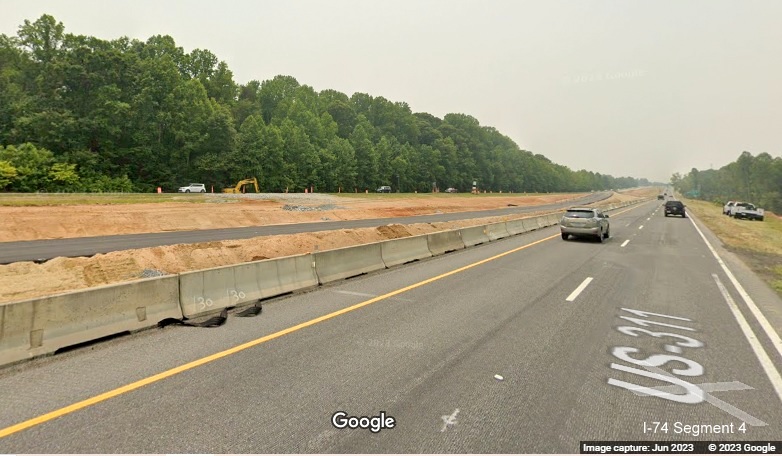 Image of paving started of temporary I-74 East lanes in Winston-Salem Northern Beltway construction zone after Union Cross Road, 
        Google Maps Street View, June 2023