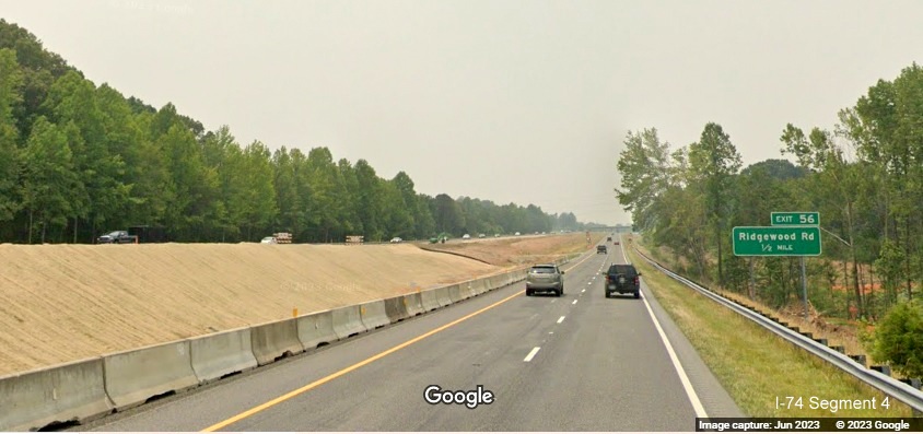 Image of construction along I-74 West in Winston-Salem Northern Beltway construction zone approaching
          the Ridgewood Road exit, Google Maps Street View, June 2023