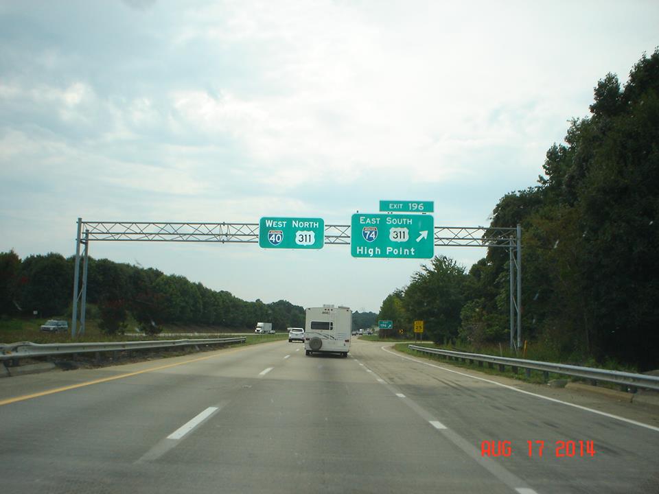 Image of new I-74 signage along I-40 West in Forsyth County, from Jason Ilyes